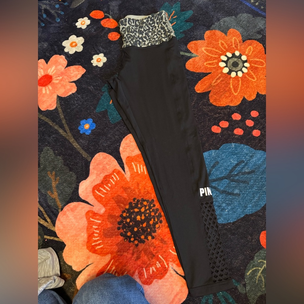 Victoria’s Secret Black Leggings with Leopard Print Waistband